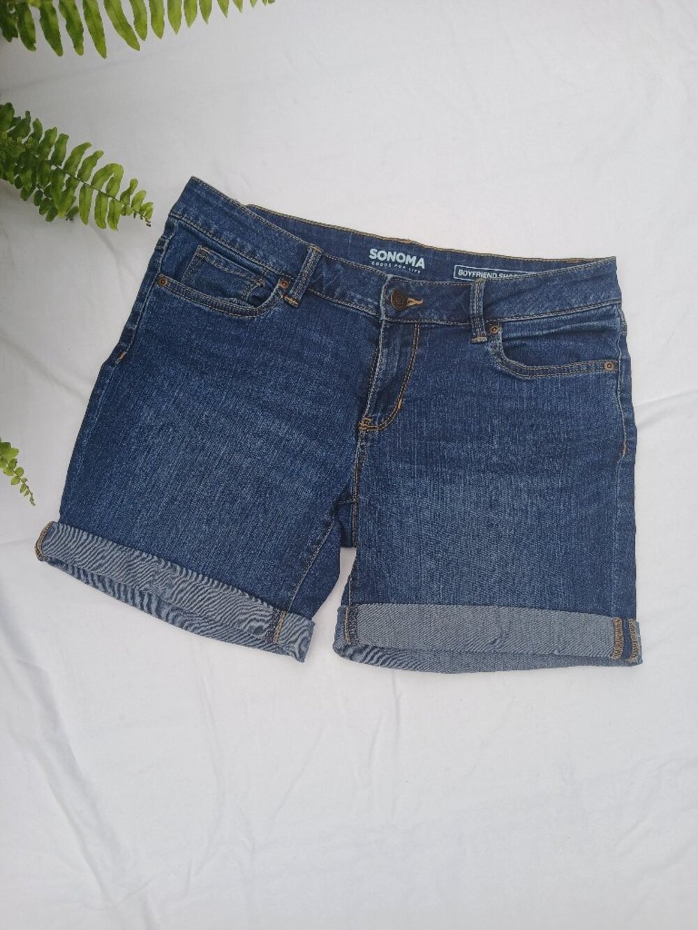 Sonoma Boyfriend Dark Blue Stretchy Denim Shorts with Branded Button